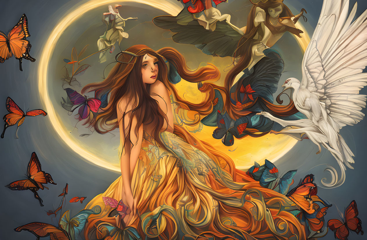 Illustration of woman with flowing hair, ethereal creatures, butterflies, and full moon