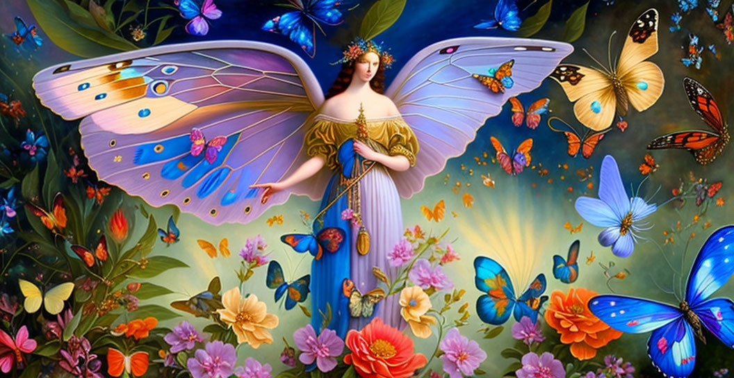 Fantasy illustration of woman with butterfly wings in vibrant floral scene