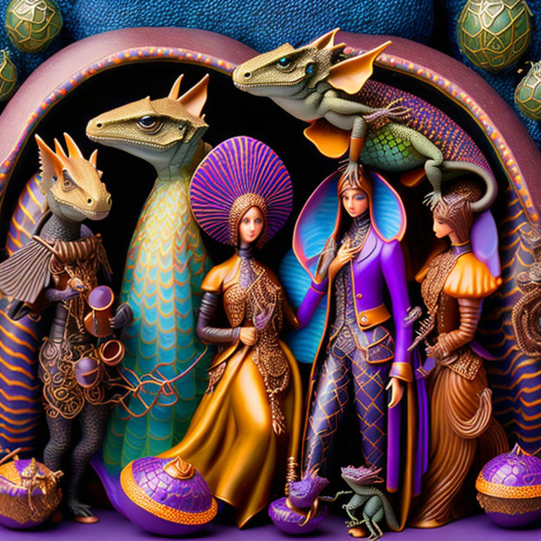 Detailed fantasy illustration: humanoid creatures, dragons, ornate eggs, and two women in colorful costumes in