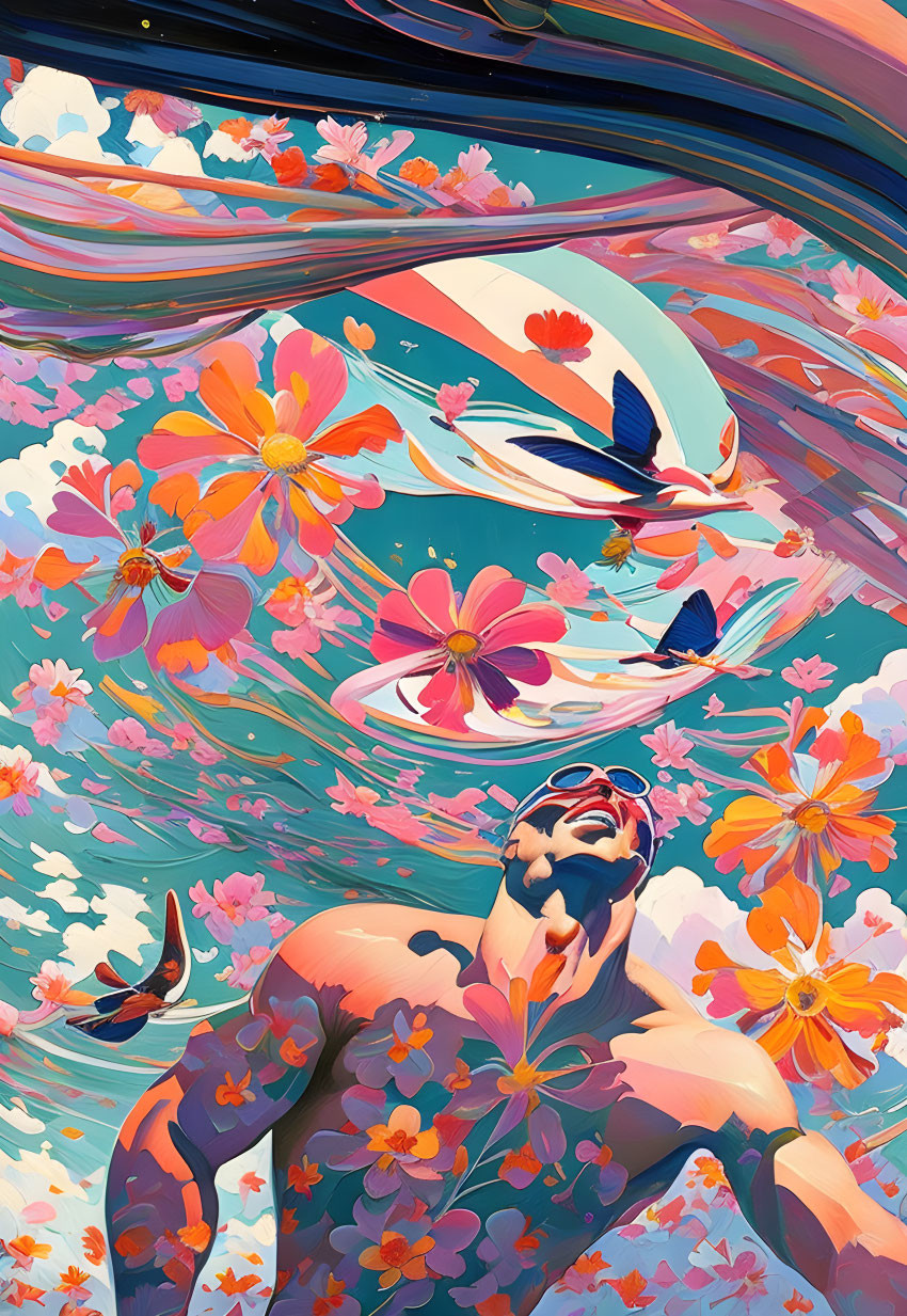 Colorful artwork: Person swimming in floral and bird patterns