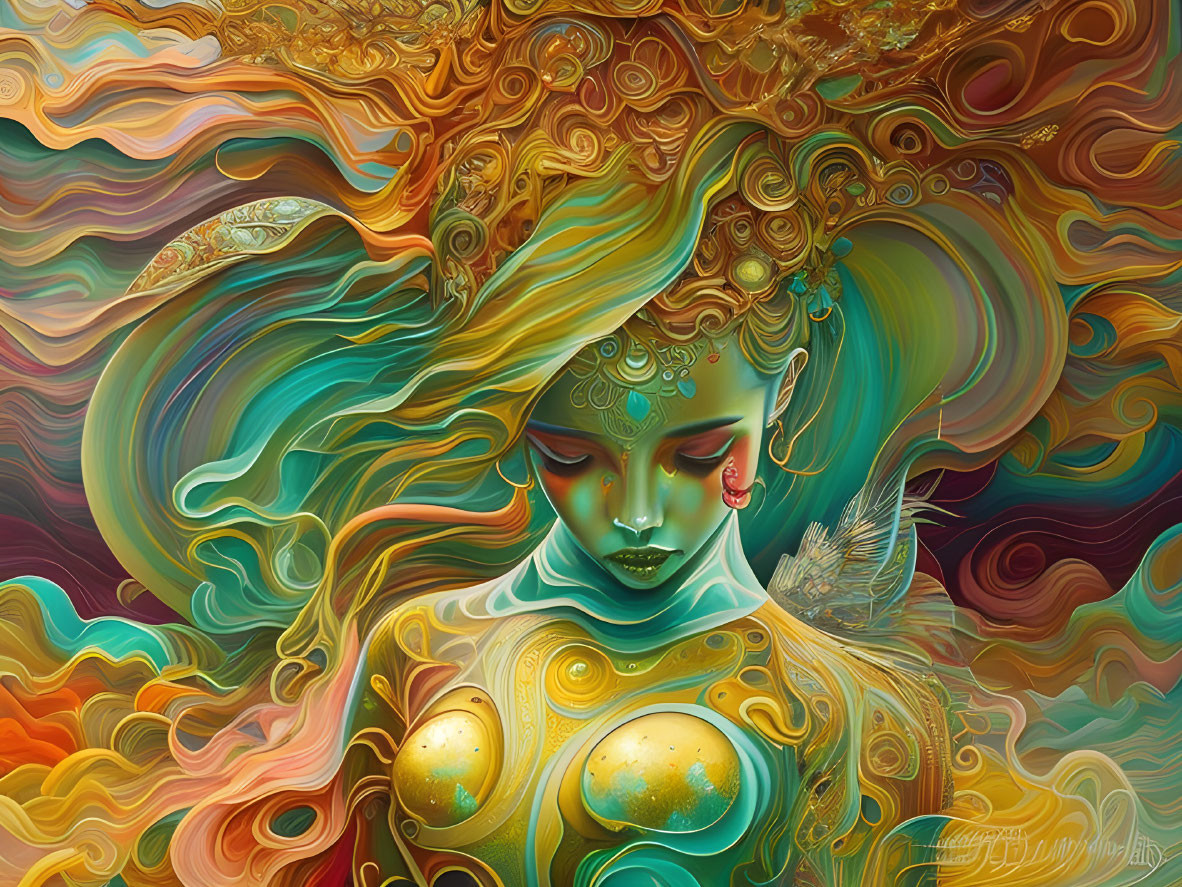 Colorful surreal digital artwork: Female figure with flowing hair and gold accents