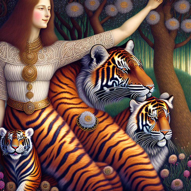 Red-haired woman reclining with tigers in lush floral setting