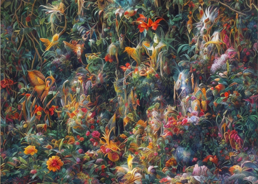 Colorful Garden Scene with Flowers and Birds