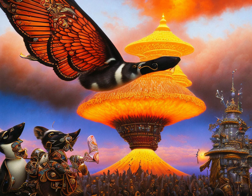 Surreal illustration: Penguin with butterfly wings in fantastical cityscape