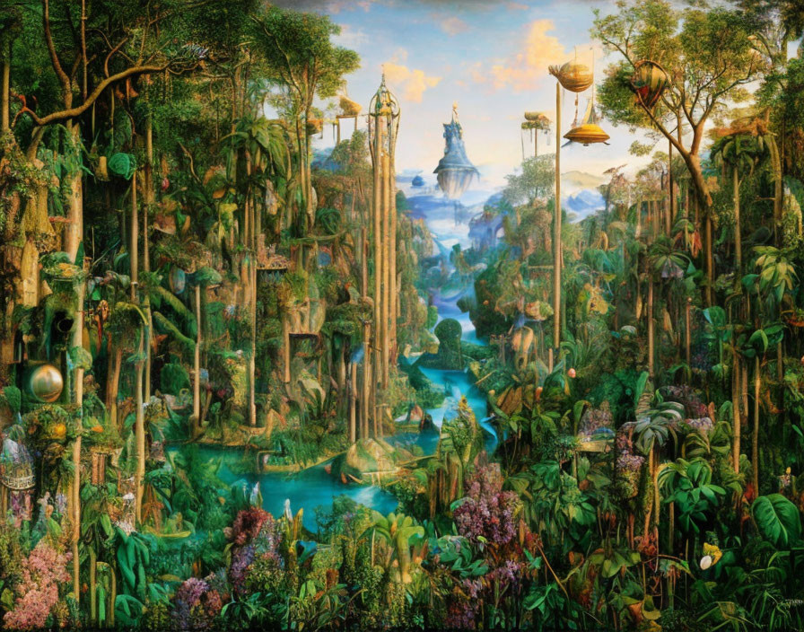 Fantastical jungle landscape with lush foliage and ethereal city