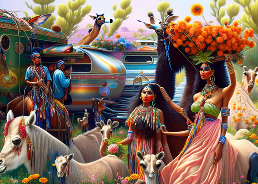 Colorful traditional scene with dressed individuals, animals, camel, and ornate bus in lush setting