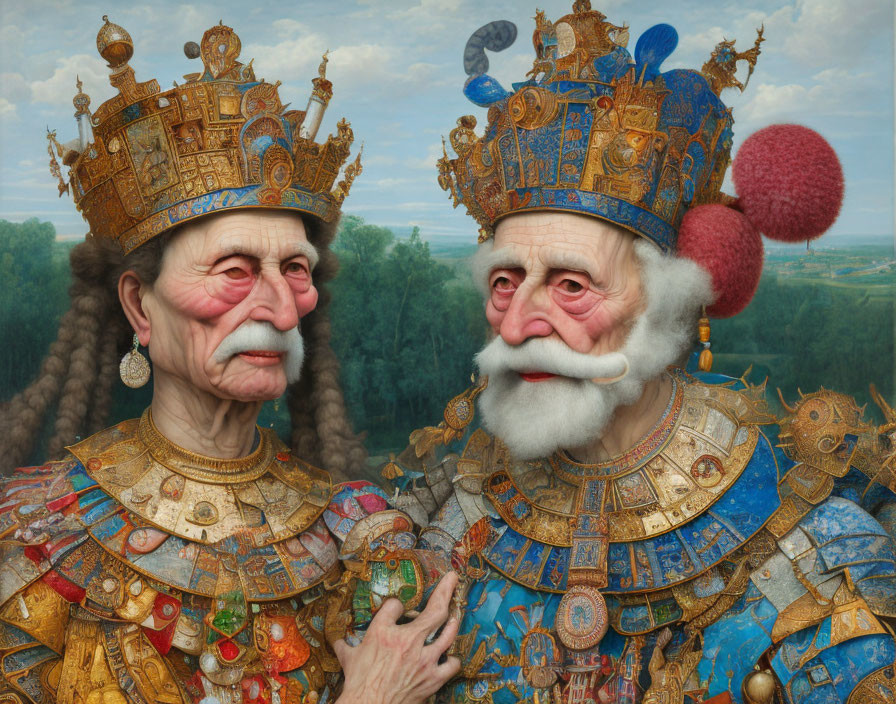 Elderly Couple as Regal Figures in Fantasy Armor and Crowns