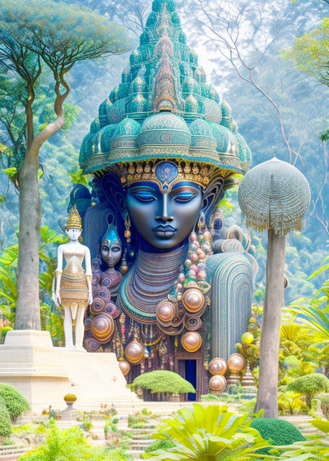 Colorful Hindu Deity Statue in Lush Outdoor Setting