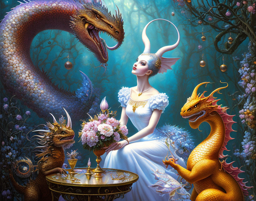 Woman in white dress with dragons in mystical garden, holding flower