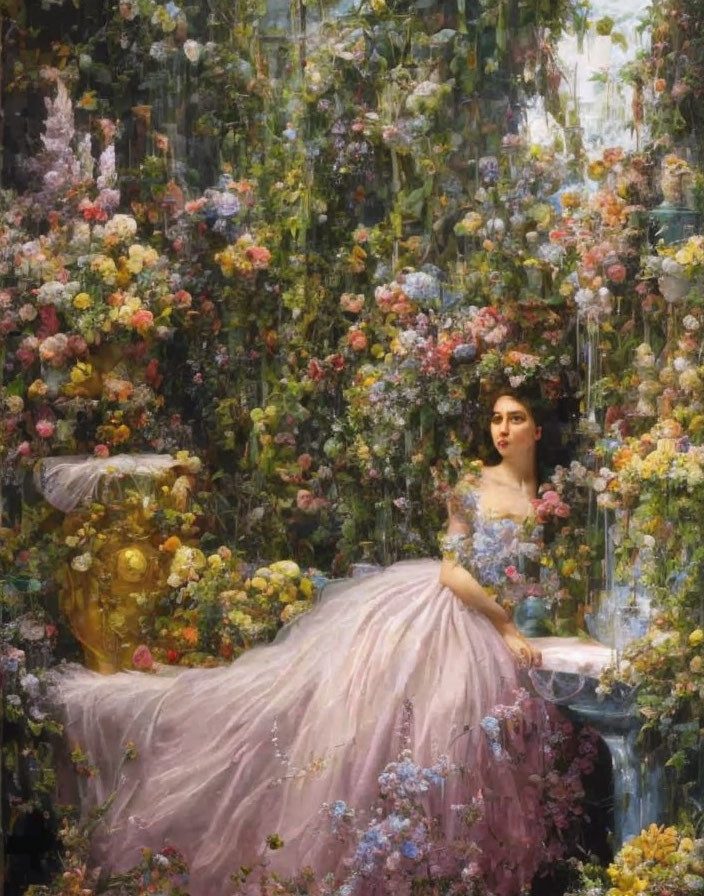 Woman in Pink Gown Surrounded by Colorful Garden