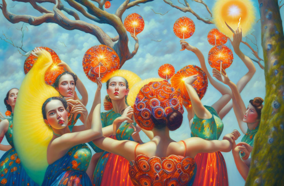 Women in vibrant dresses and headdresses dance under a tree with glowing orbs.