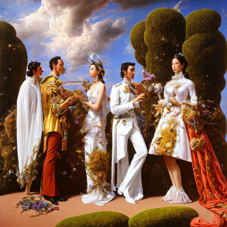 Four elegantly dressed individuals in stylized garden with oversized floral arrangements under blue sky.