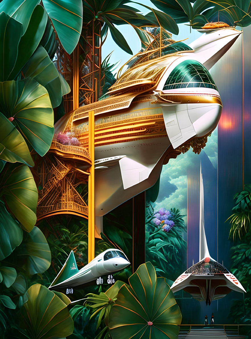 Futuristic golden building surrounded by lush greenery and waterfall.