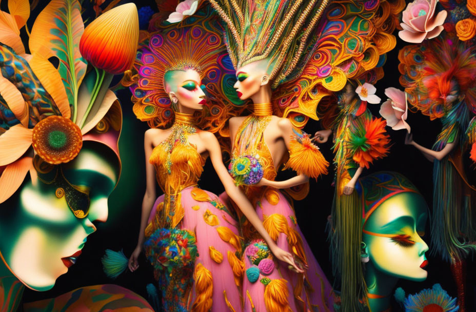 Colorful artwork of stylized female figures with intricate headdresses and floral patterns