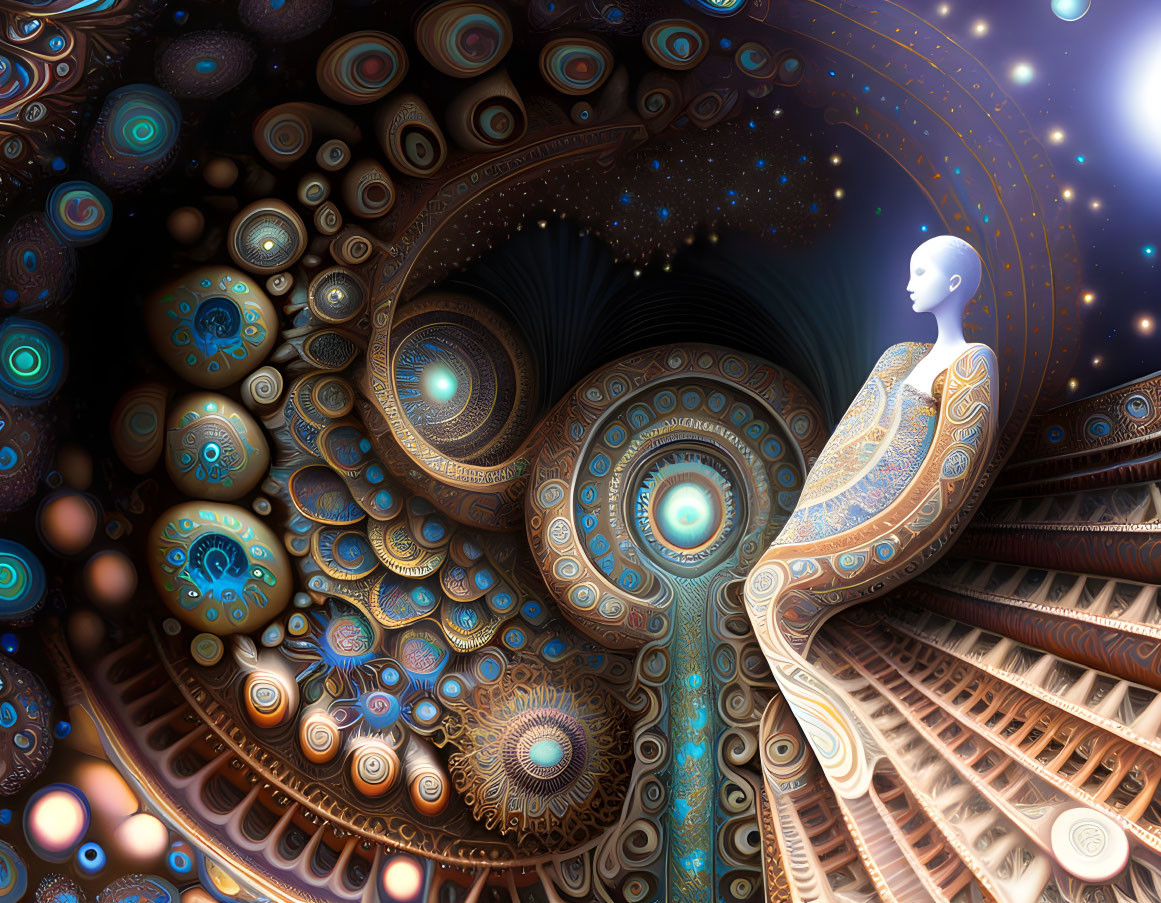 Surreal digital artwork with mannequin figure in cosmic setting