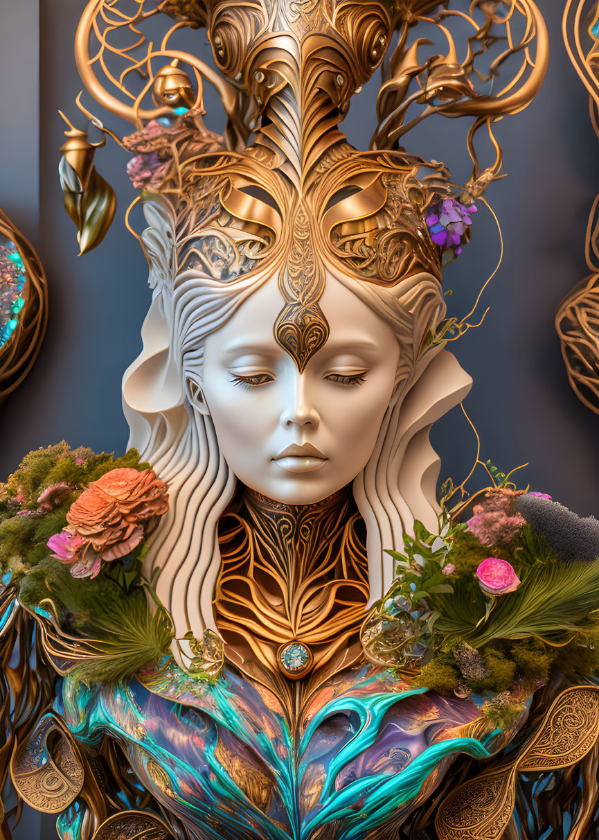 Detailed Female Figure Artwork with Golden Headgear & Floral Collar