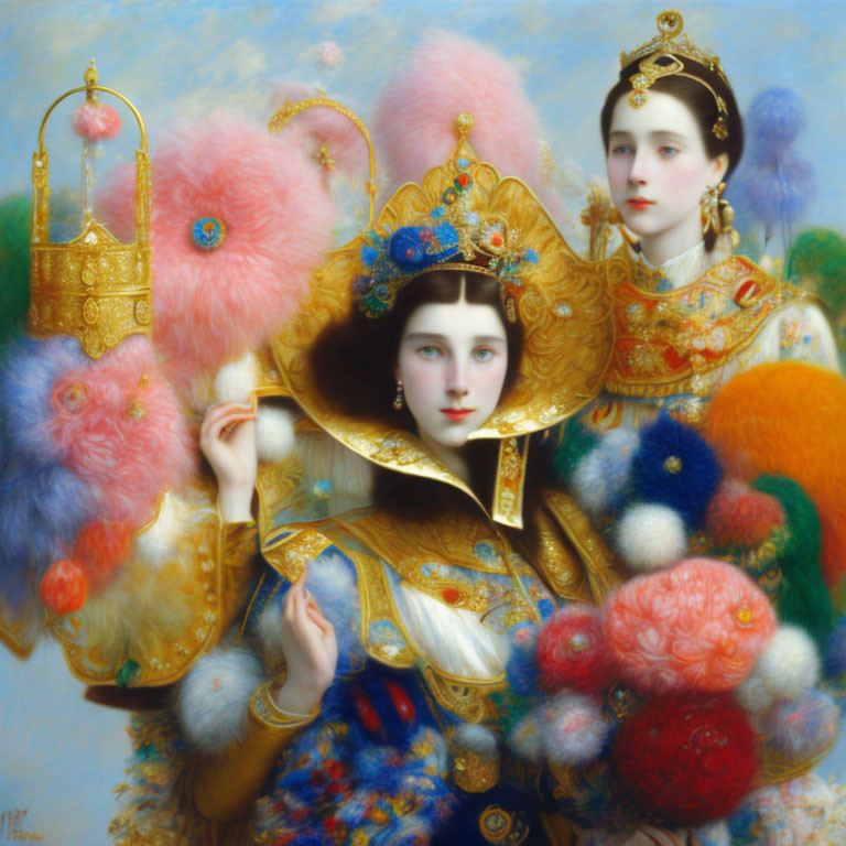 Traditional Asian Costumes Adorned with Gold and Jewels in Vibrant Painting