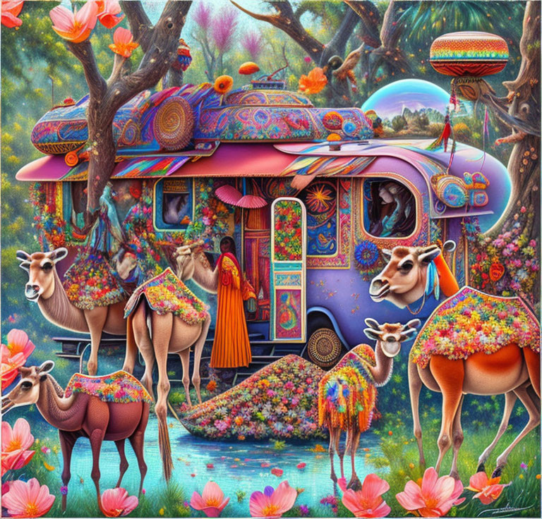 Ornate Caravan and Adorned Camels Among Vibrant Flora and Fauna