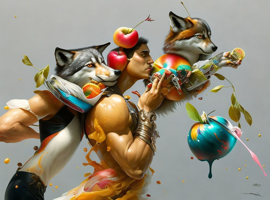 Surreal human-fox fusion with floating fruits and liquid splashes