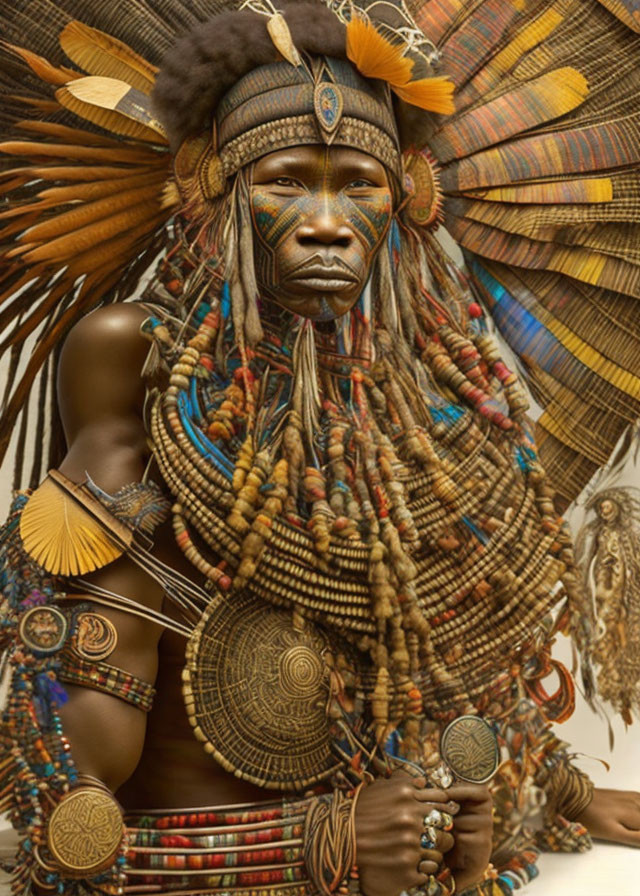 Traditional tribal attire with beadwork, feathers, and body paint on regal figure