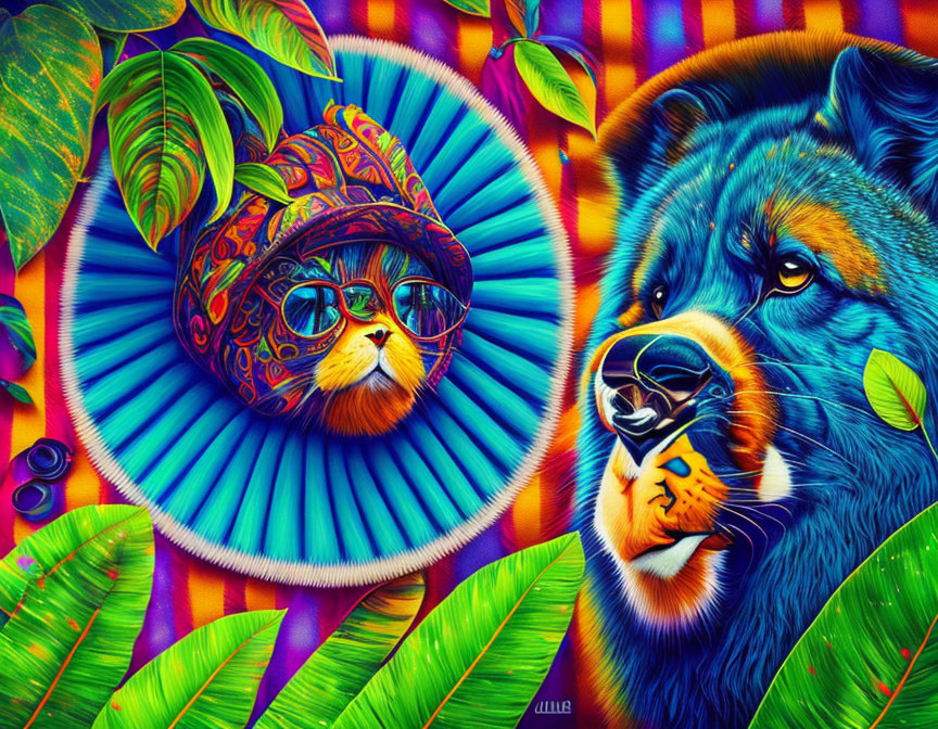 Colorful psychedelic art: Cat in hat with sunglasses beside bear holding leaf amid vibrant patterns.