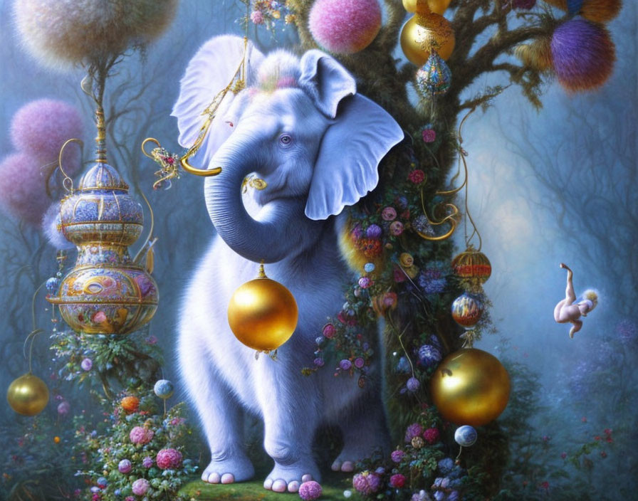 Colorful Baby Blue Elephant Artwork with Golden Decorations in Enchanted Forest