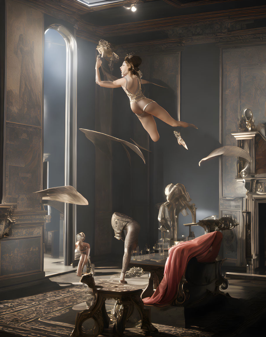 Surreal room with floating winged figures and classical architecture