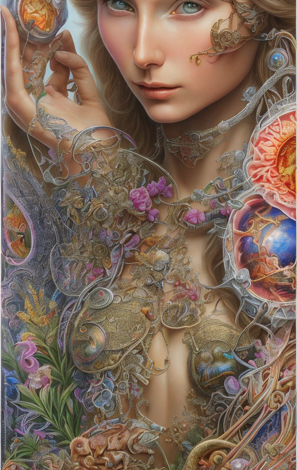 Surreal portrait of fair-skinned woman with golden filigree, flowers, and clockwork