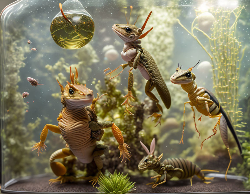 Three anthropomorphic lizards in whimsical underwater scene with bubbles and plants