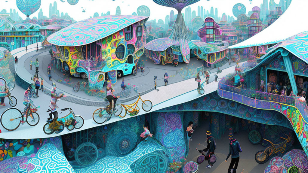 Colorful Psychedelic Cityscape with Biking and Walking People