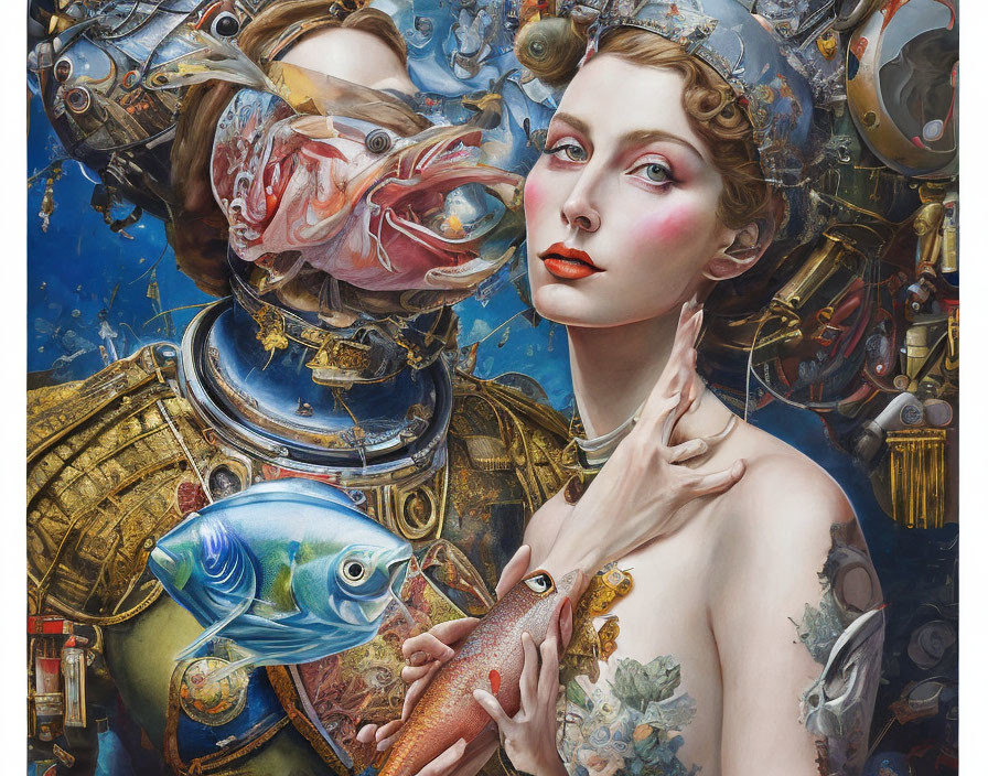 Surreal portrait featuring woman, fish, mechanical parts, and floral elements