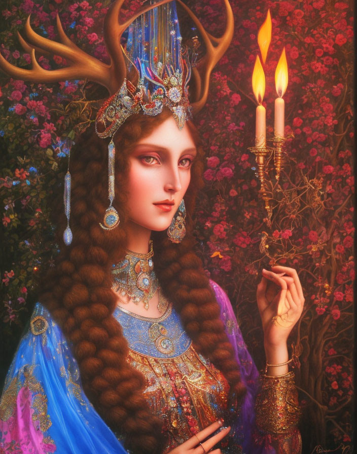 Fantasy portrait of a woman with antlers and ornate headdress, in blue gown with candle