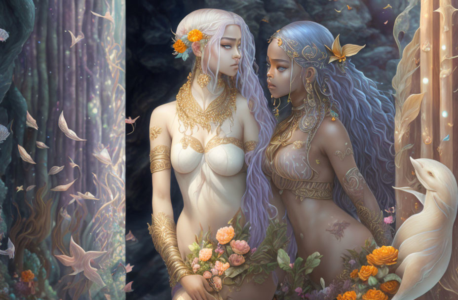 Ethereal figures with elfin features in mystical forest setting