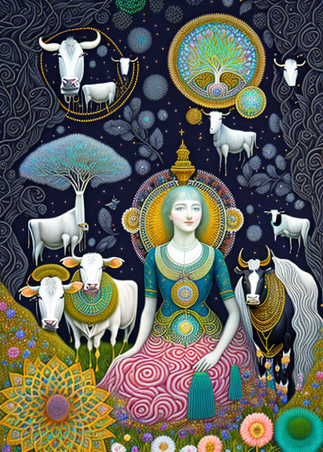 Vibrant illustration of serene woman in traditional attire with cows and cosmic motifs on dark background