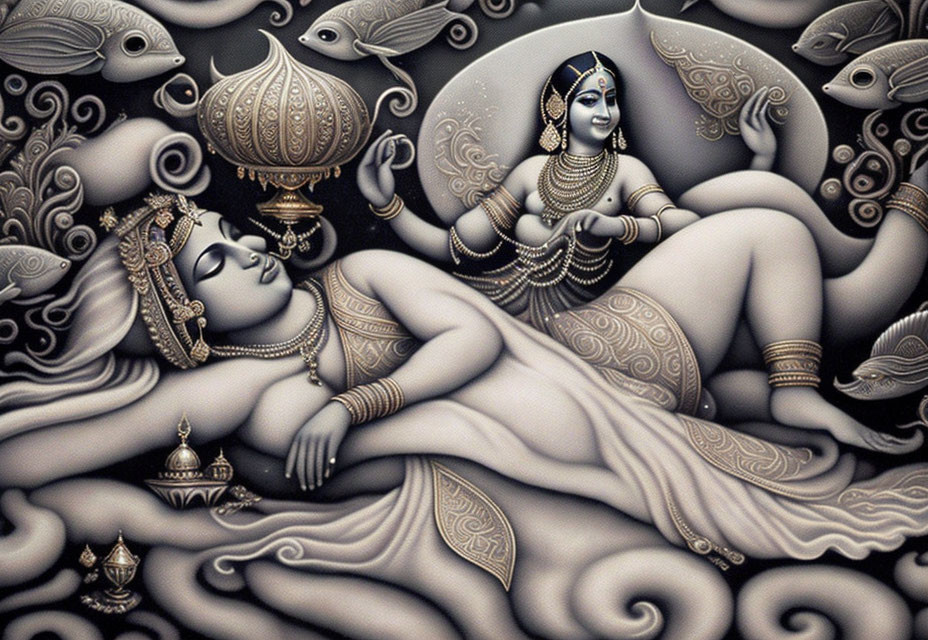 Monochrome Mythological Artwork: Elegant reclining woman and figure in swirling fish-patterned scene.