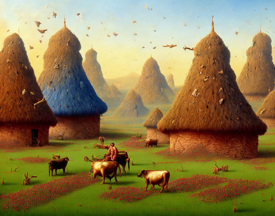 Traditional rural scene with thatched-roof huts, farmer herding cattle, red flowers, and