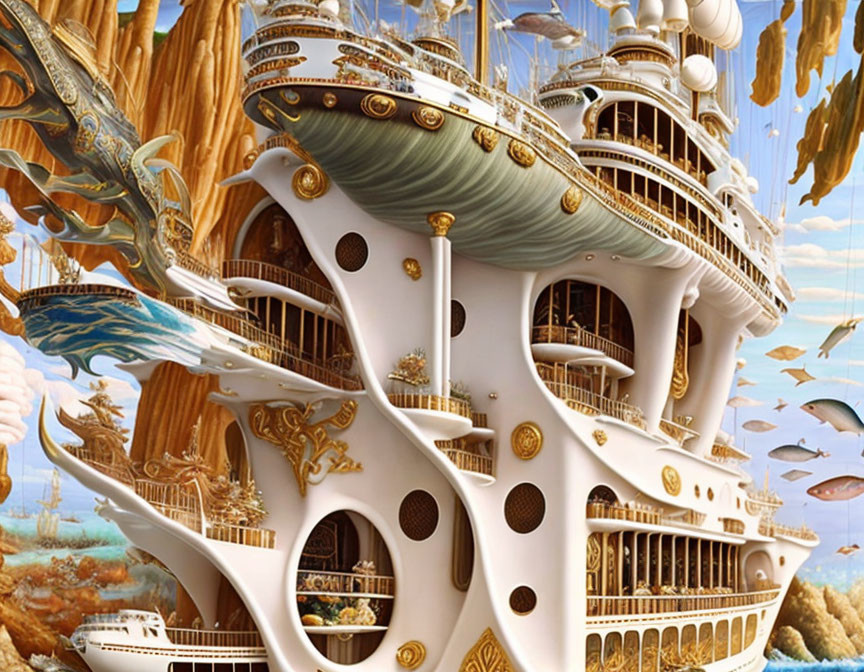 Fantastical multi-decked flying ship in bright sky with airships