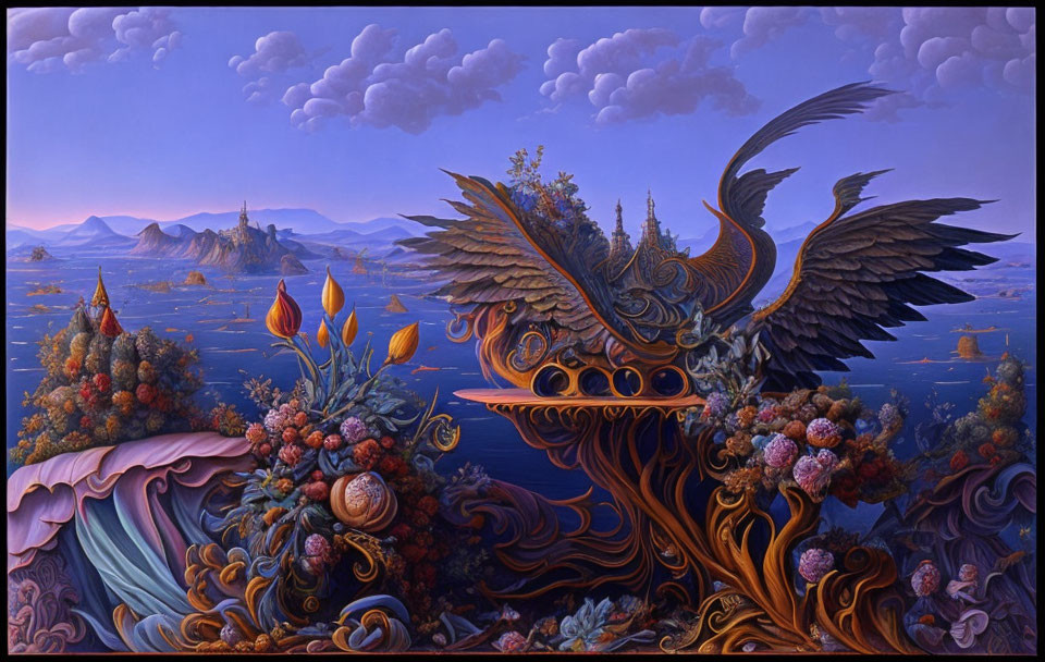 Colorful Fantasy Landscape with Bird-like Structure and Mountains