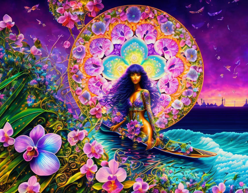 Colorful Mandala Artwork of Woman Surrounded by Flowers and Twilight Sky