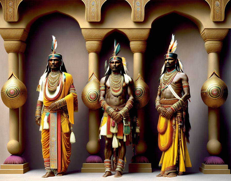 Three people in Native American attire with feather headdresses against a stylized backdrop.