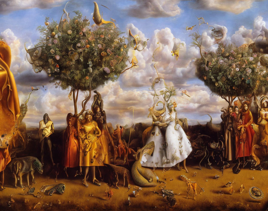 Surreal landscape with hybrid tree-animals, oversized fruit, diverse characters in costumes.