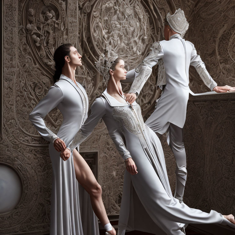 Ornate white costume ballet dancers against embossed wall