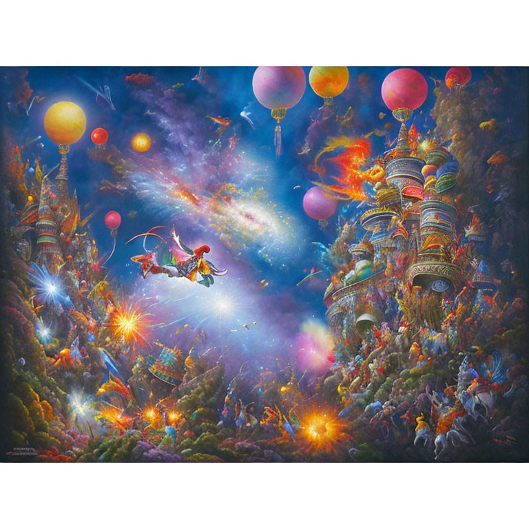 Fantasy painting with floating temples, colorful balloons, mythical creatures, and celestial elements.