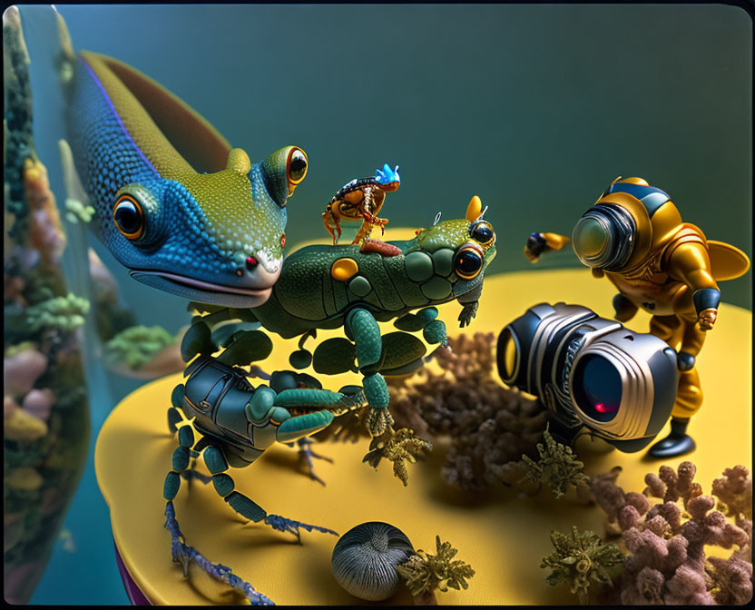 Colorful gecko interacts with miniature figures in surreal image