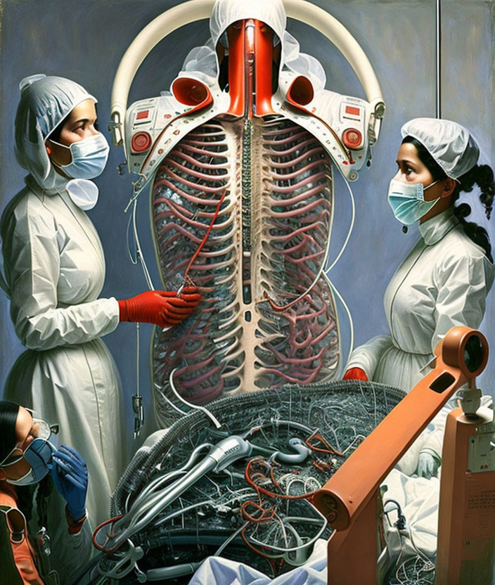 Medical professionals examine intricate mechanical structure in surgical setting