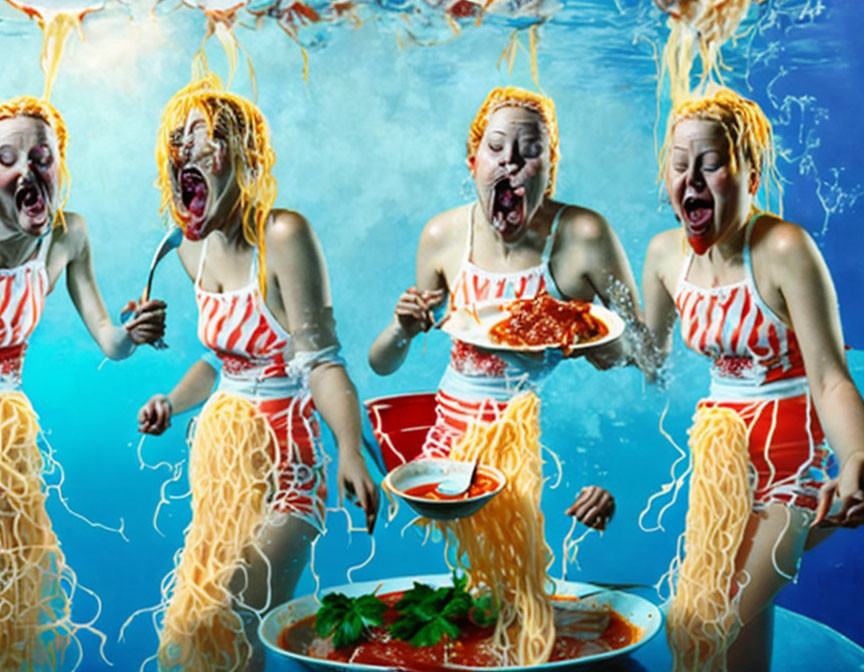 Three people in a surreal underwater setting, comically attempting to eat floating spaghetti