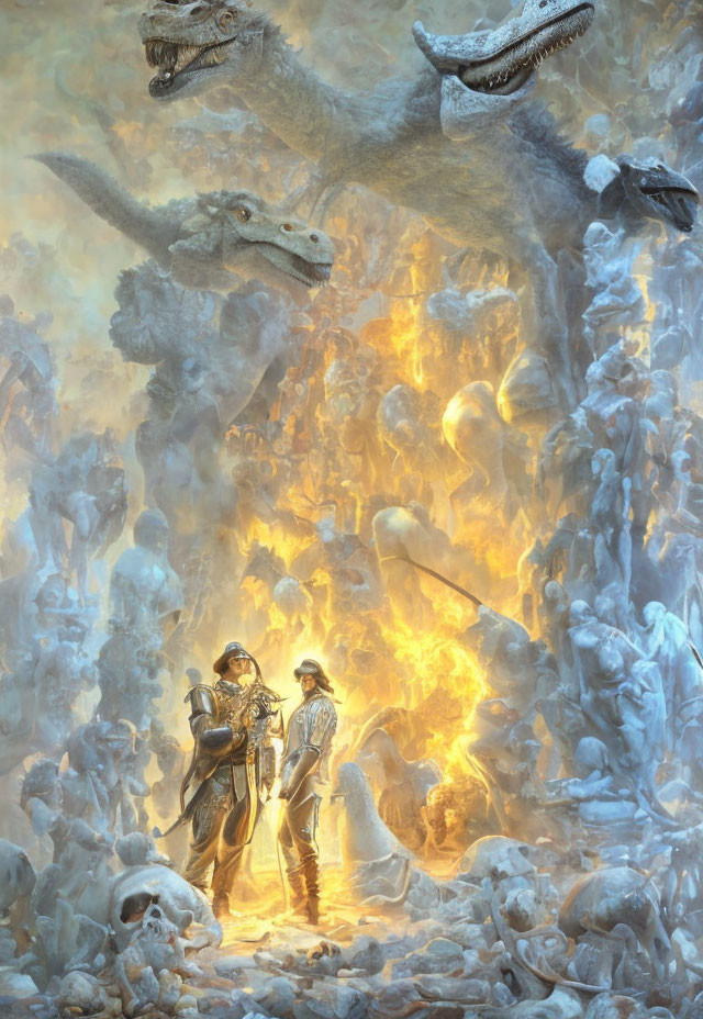 Epic fantasy artwork: Armored knights confront dragons in fiery battlefield