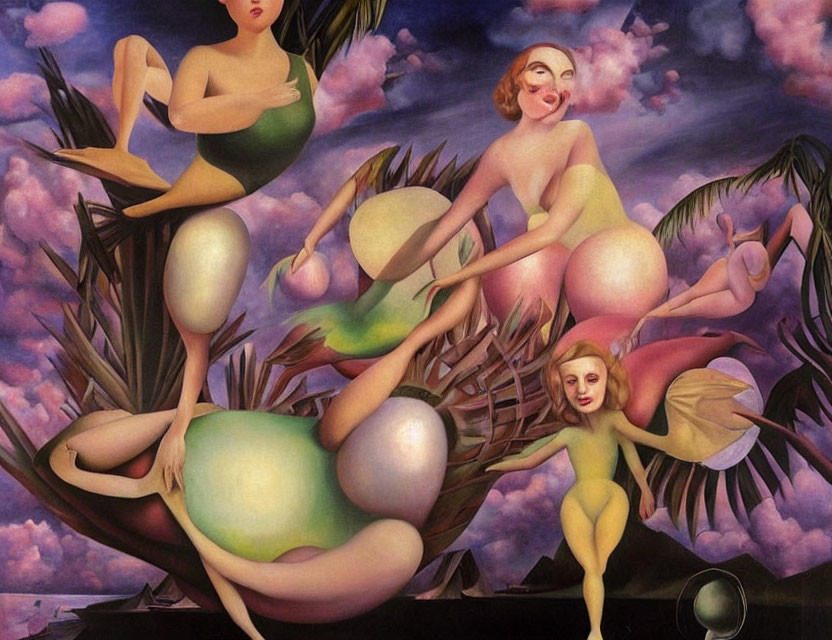 Surreal painting of stylized women on egg-like structures in pink cloud setting