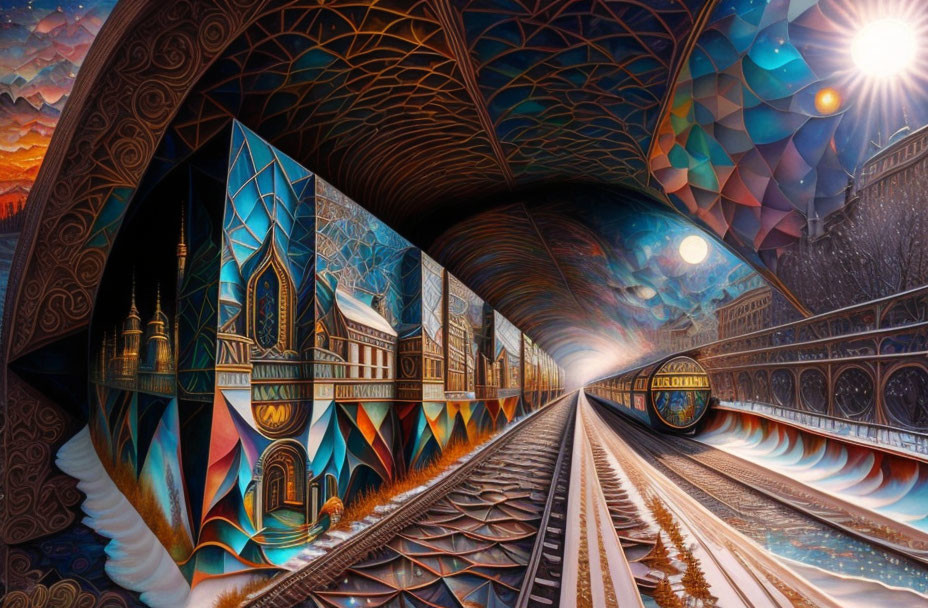 Surrealistic painting: Vibrant train tunnel with geometric patterns