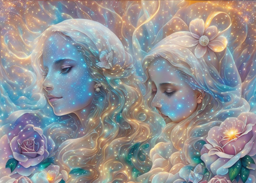 Ethereal women with glowing complexions in cosmic setting